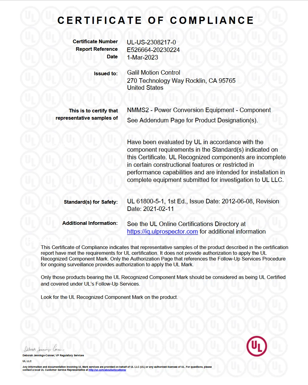 UL 61800 Certificate